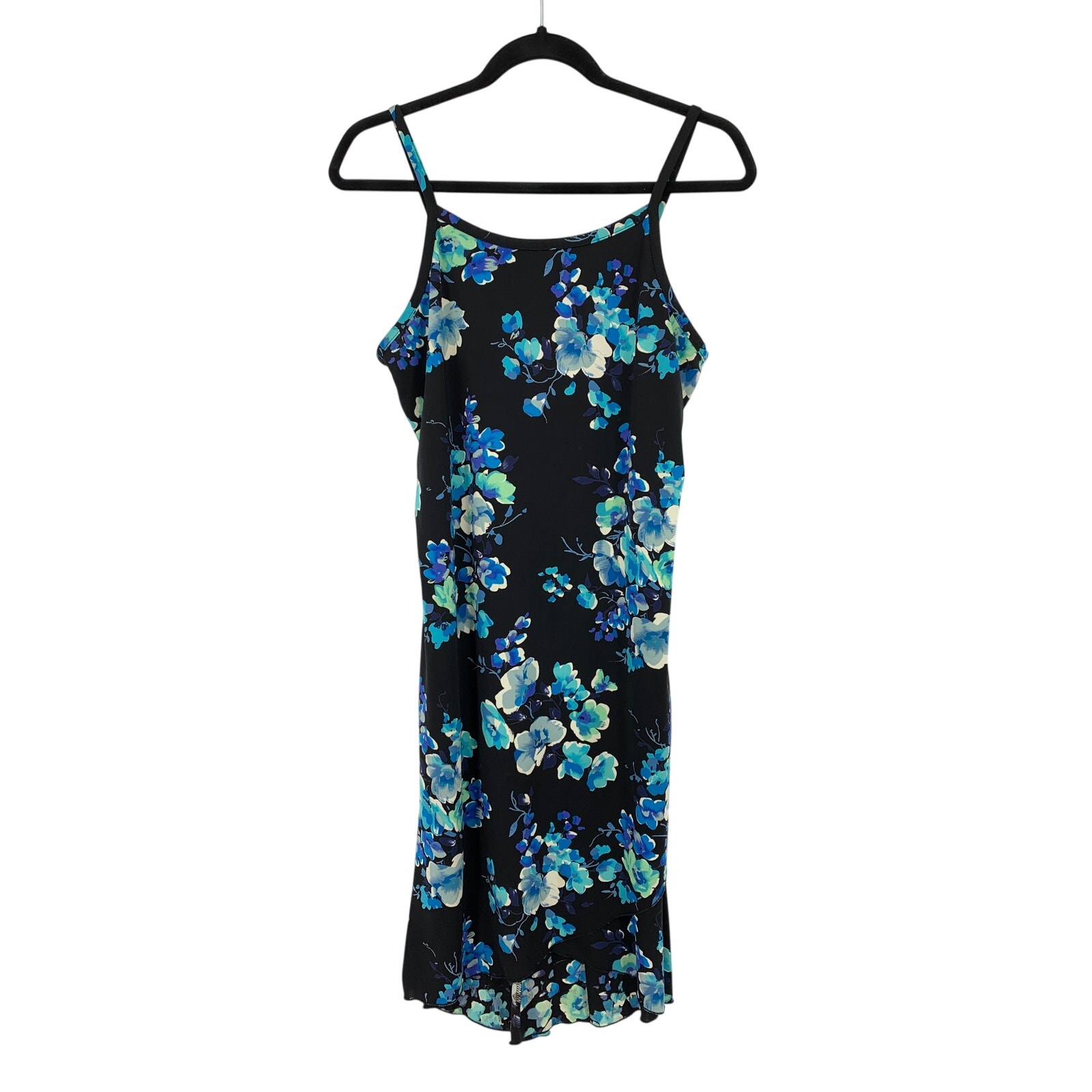 Vtg Agb Dress Black Blue Floral Midi Slip Dress Sz M Spaghetti Strap Ruffle Hem
